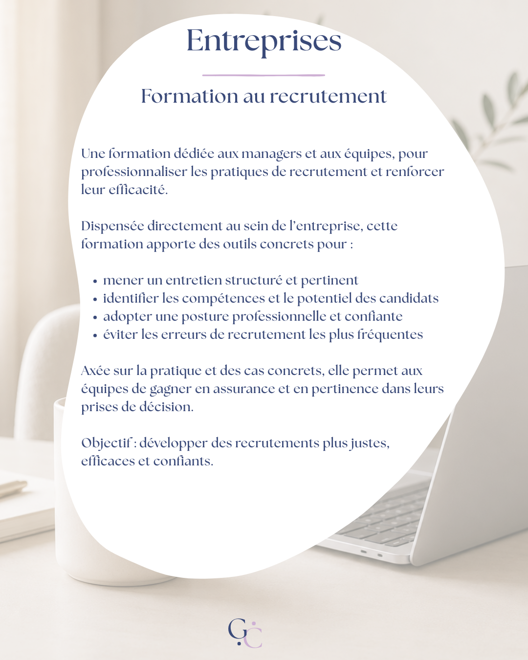 Une affiche promotionnelle pour une formation en recrutement destinée aux entreprises, mettant en avant ses avantages et objectifs.
