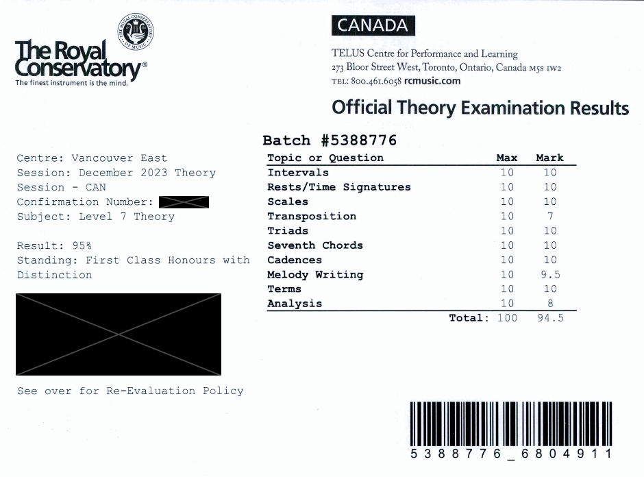 Official musical theory examination results from the Royal Conservatory of Music, Canada, for Level 7 Theory, scoring First Class Honours with Distinction with 95/100