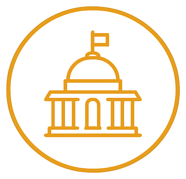 Outline drawing of a government building with a flag on top, inside an orange circle