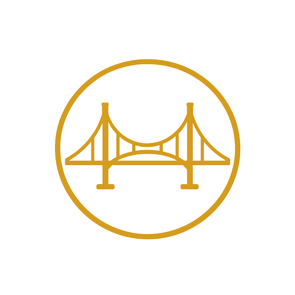 Golden logo of a bridge enclosed in a circle on a black background.