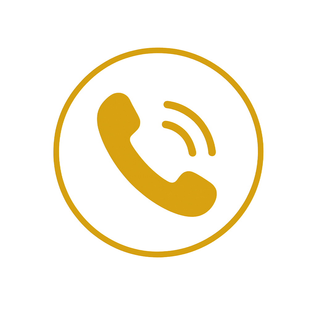 Gold icon of a telephone receiver with signal waves inside a gold circle on a black background.