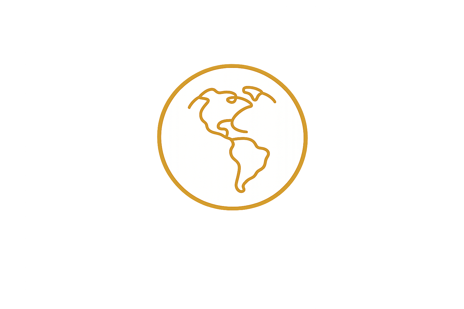 A logo featuring a gold outline of the Earth on a white circular background, with a gold border, against a black background.