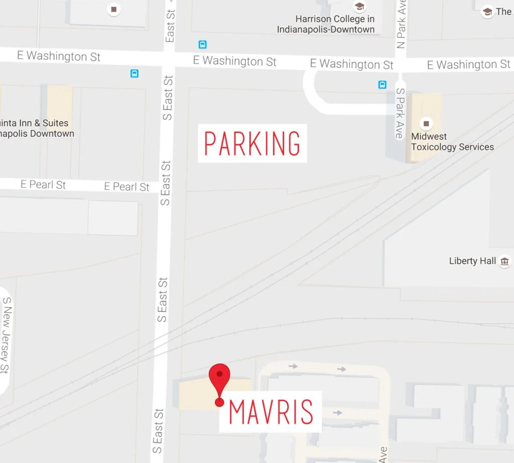 Map showing the area around Mavris and parking near Harrison College in Indianapolis Downtown, with streets, buildings, and landmarks labeled.