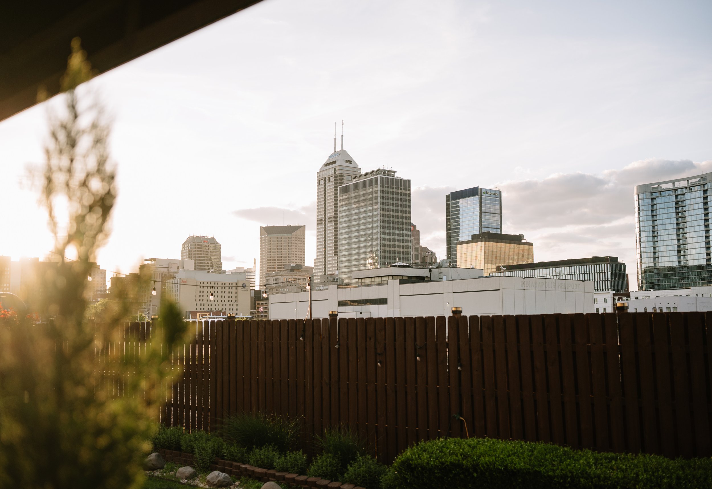 City skyline with several tall buildings, including one with antennas, viewed from a garden with a wooden fence, green bushes, and patches of grass in the foreground; sky has some clouds.