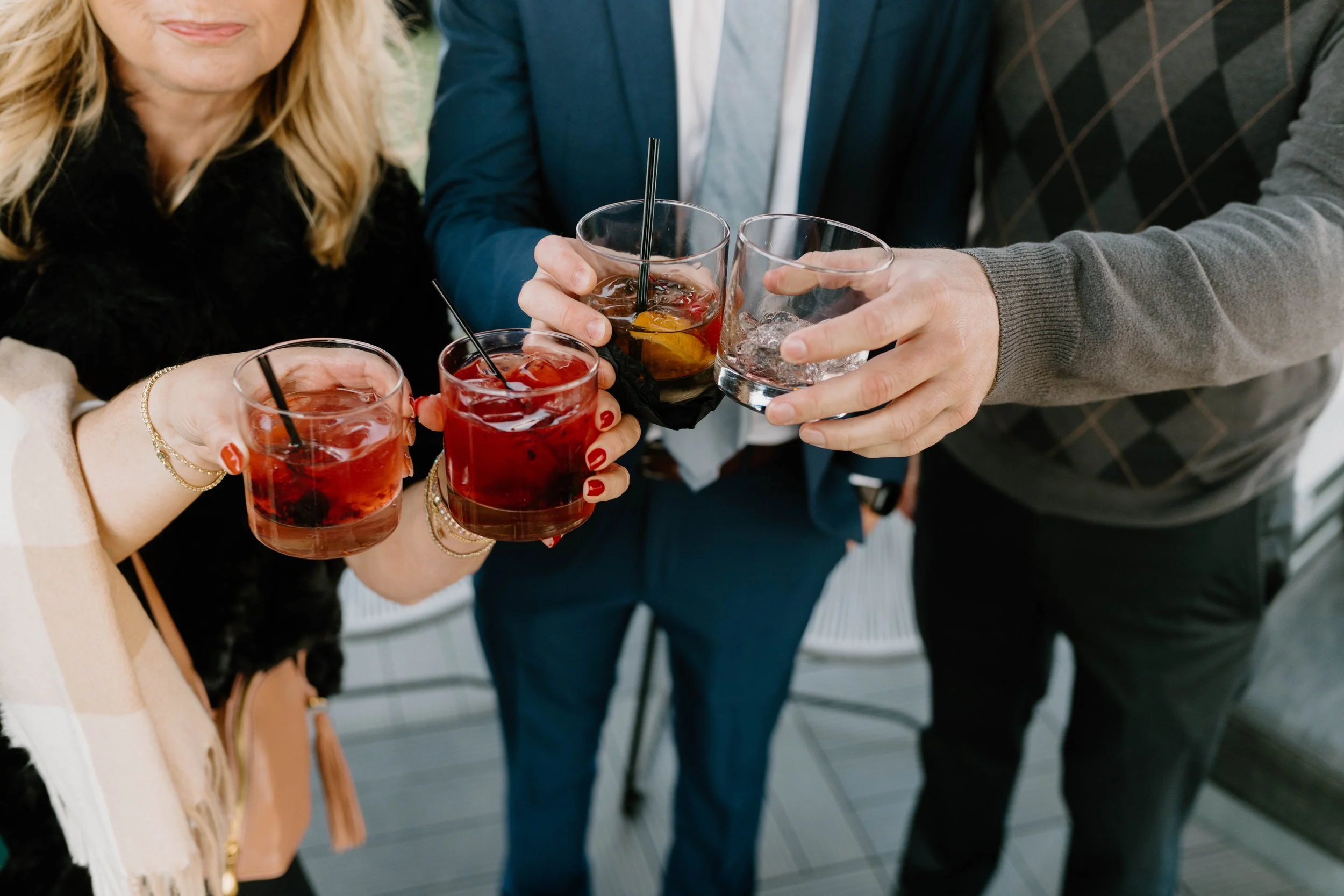 People clinking glasses with drinks containing ice and garnishes at a social gathering.