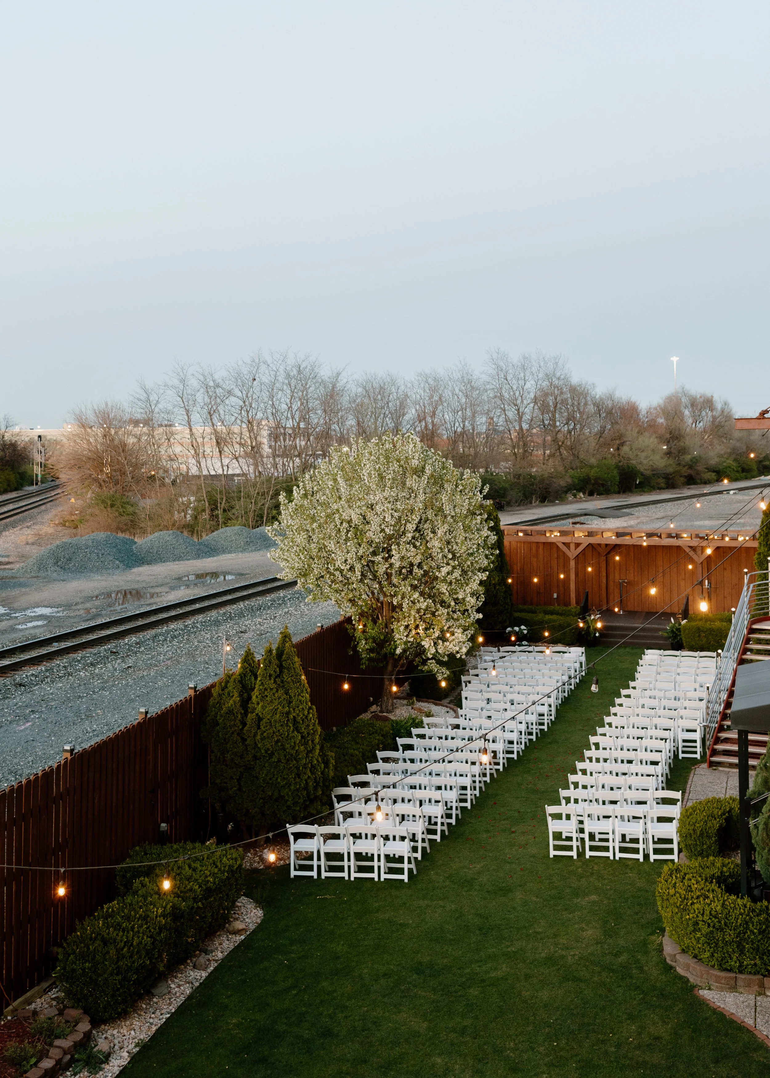 Outdoor wedding or event setup with white chairs arranged in rows on a grassy lawn, string lights hanging overhead, a blooming tree, a wooden fence, and a sky in the background during dusk.