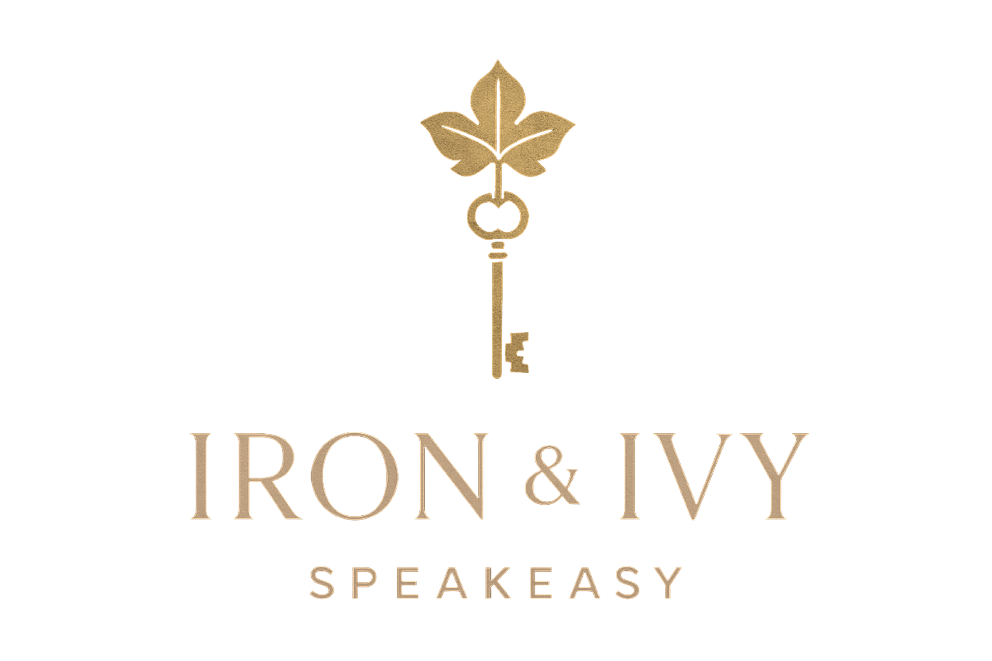 Logo for Iron & Ivy, a speaeasy, featuring a gold-colored key with a leaf at the top and the text "IRON & IVY SPEAKEASY" in gold and red letters.