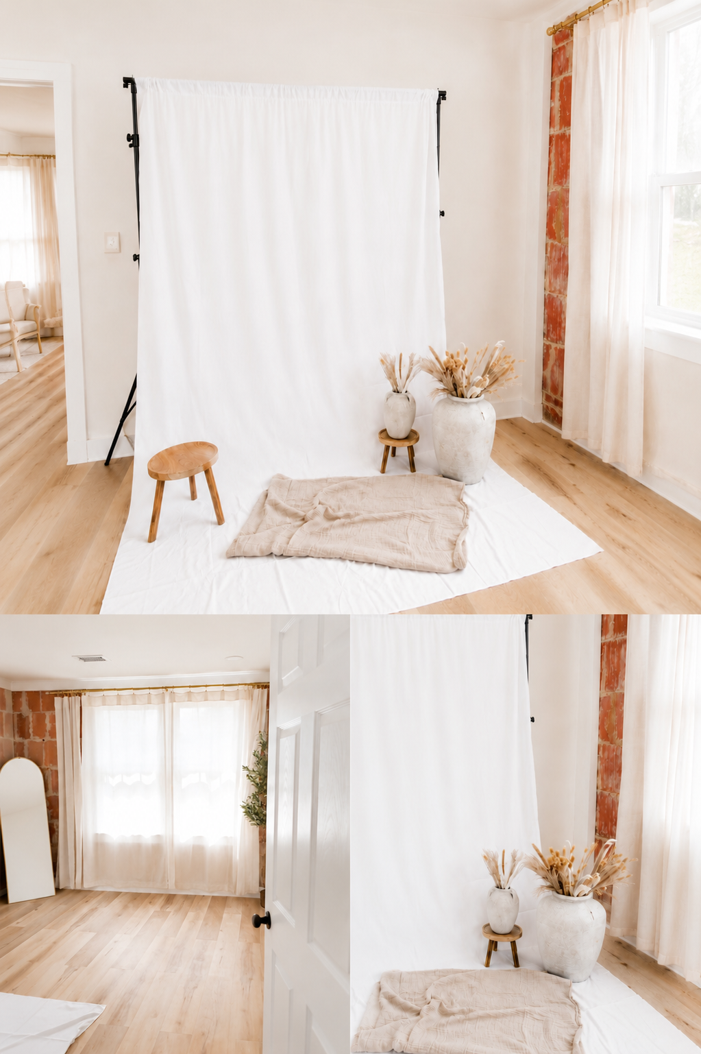 Studio B – The Editorial Studio at The Collective House, a natural light photography studio in downtown Silverhill, Alabama, featuring an exposed brick wall, white photography backdrop, neutral styling and editorial shooting space for branding photos