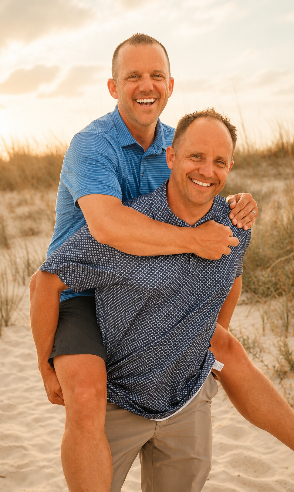 Two men at the beach, one piggybacking the other, both smiling at the camera during sunset.