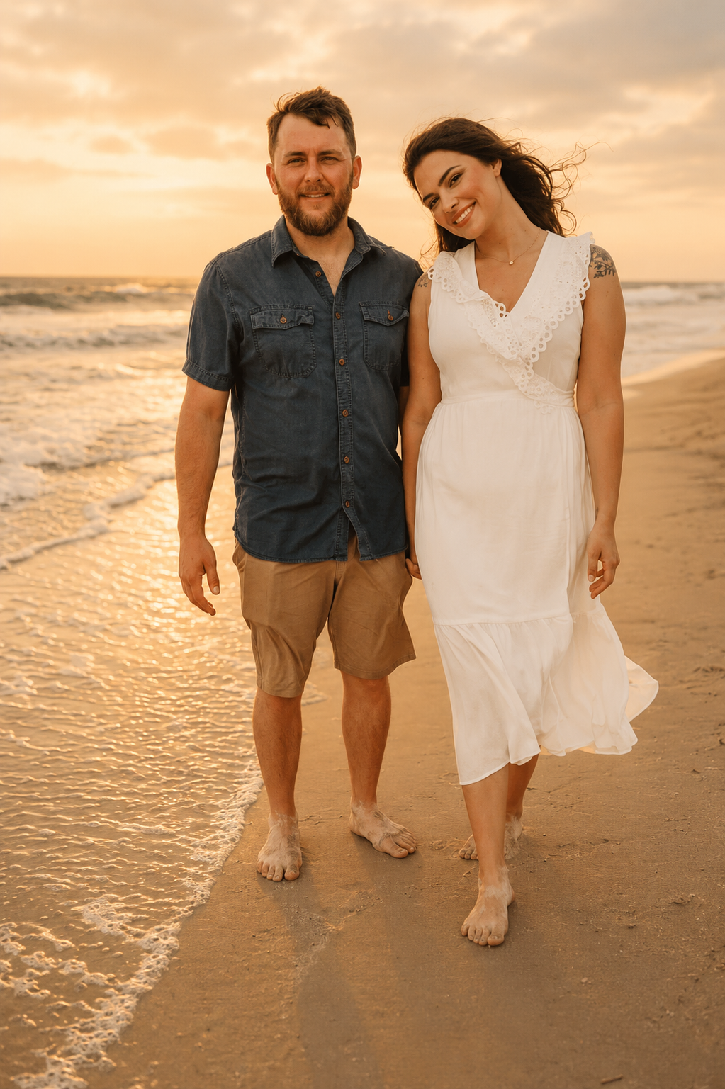 A couple walking barefoot on the beach at sunset, holding hands, smiling, with the ocean and sky in the background.