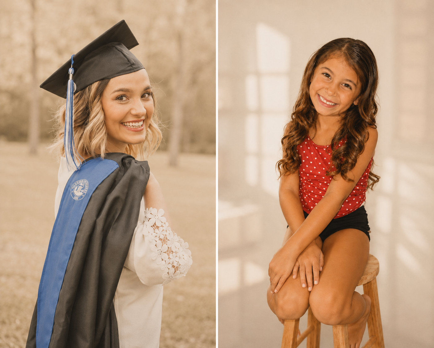Side by side photos of young girls smiling. The girl on the left is outdoors, wearing a graduation cap and gown, while the girl on the right is indoors, sitting on a stool wearing a red polka dot top and black shorts.