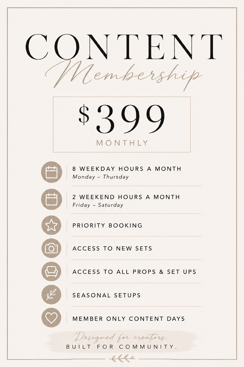 A promotional poster for content membership priced at $399 per month, offering weekday and weekend hours, priority booking, access to new sets, props, seasonal setups, and member-only content days.