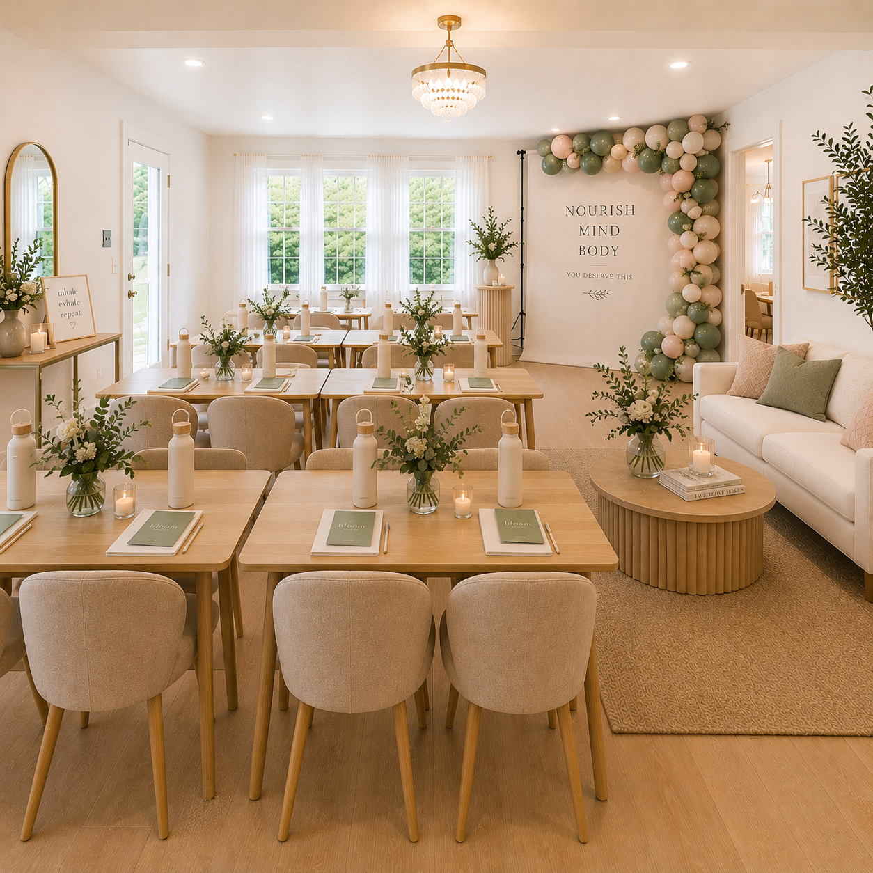 A decorated room for a small event with tables set with white water bottles, notebooks, and flowers in vases, soft beige chairs, a white sofa with pillows, a cluster of pastel balloons in the corner, and a wall with a motivational quote, large windows, and a chandelier lighting fixture.