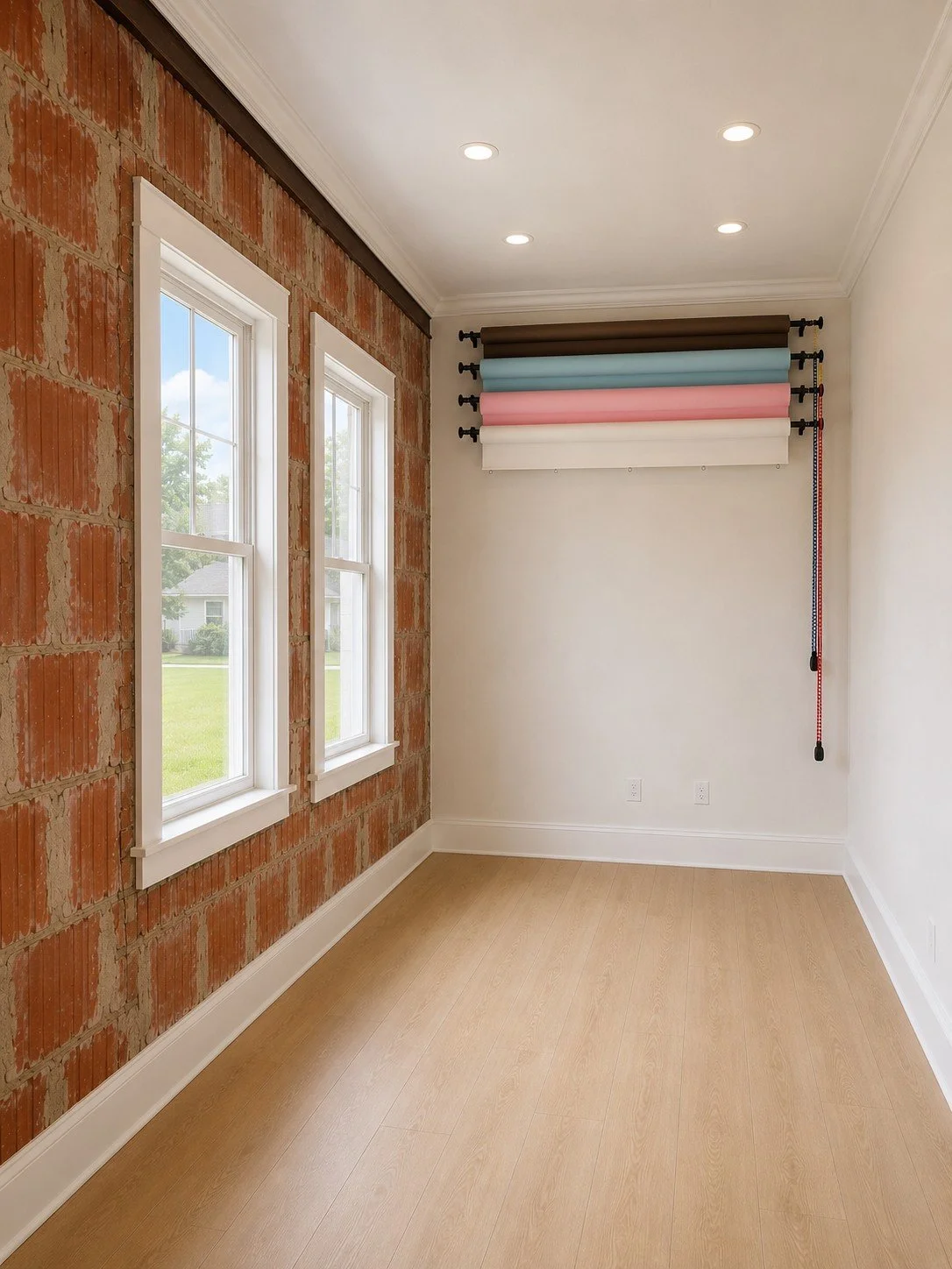Empty room with two windows on a brick wall, light wood floor, white walls, and a ceiling-mounted window blind.