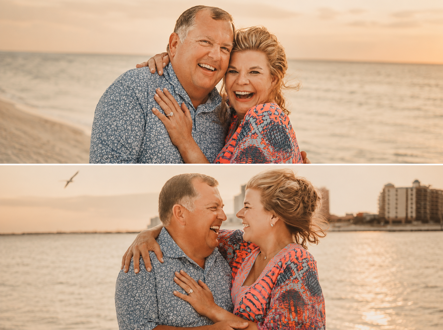 A happy middle-aged couple smiling and embracing each other on the beach at sunset, with the ocean and city skyline in the background.