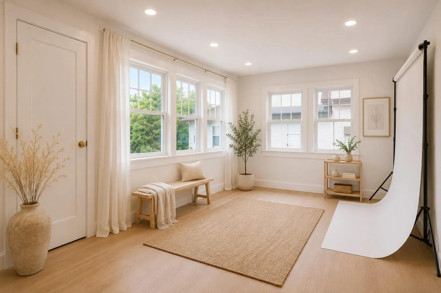 Bright, minimalistic room with large windows, a wooden bench, potted plant, rug, and photo backdrop.