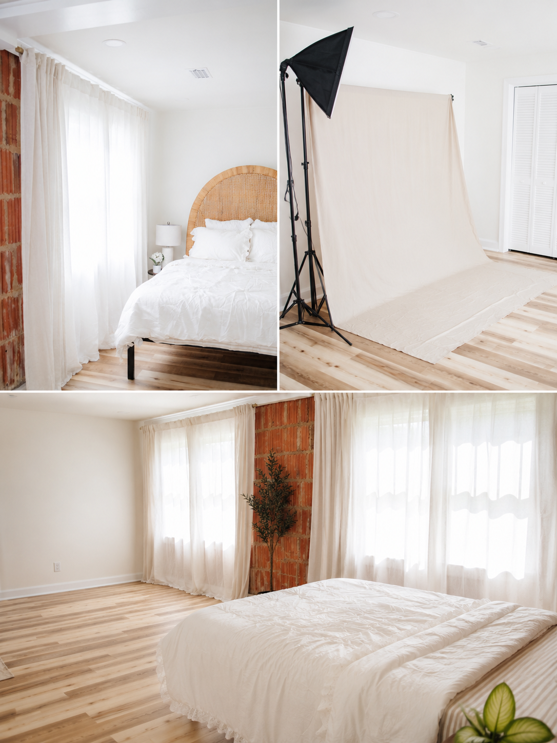 Studio D – The Suite, a cozy natural light photography studio in Silverhill, Alabama, with a queen bed, exposed brick and neutral styling for motherhood, boudoir and lifestyle sessions.