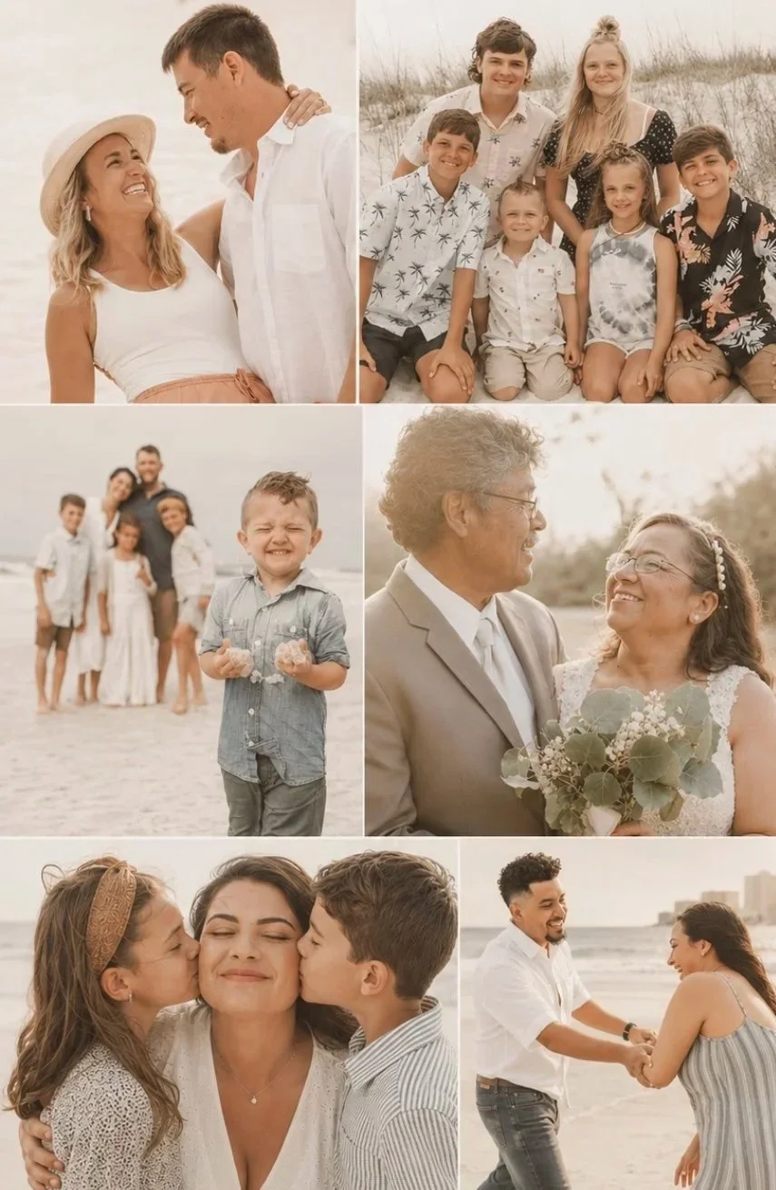 Collage of six family photos at the beach, showing various generations and family members smiling, hugging, and enjoying each other's company.