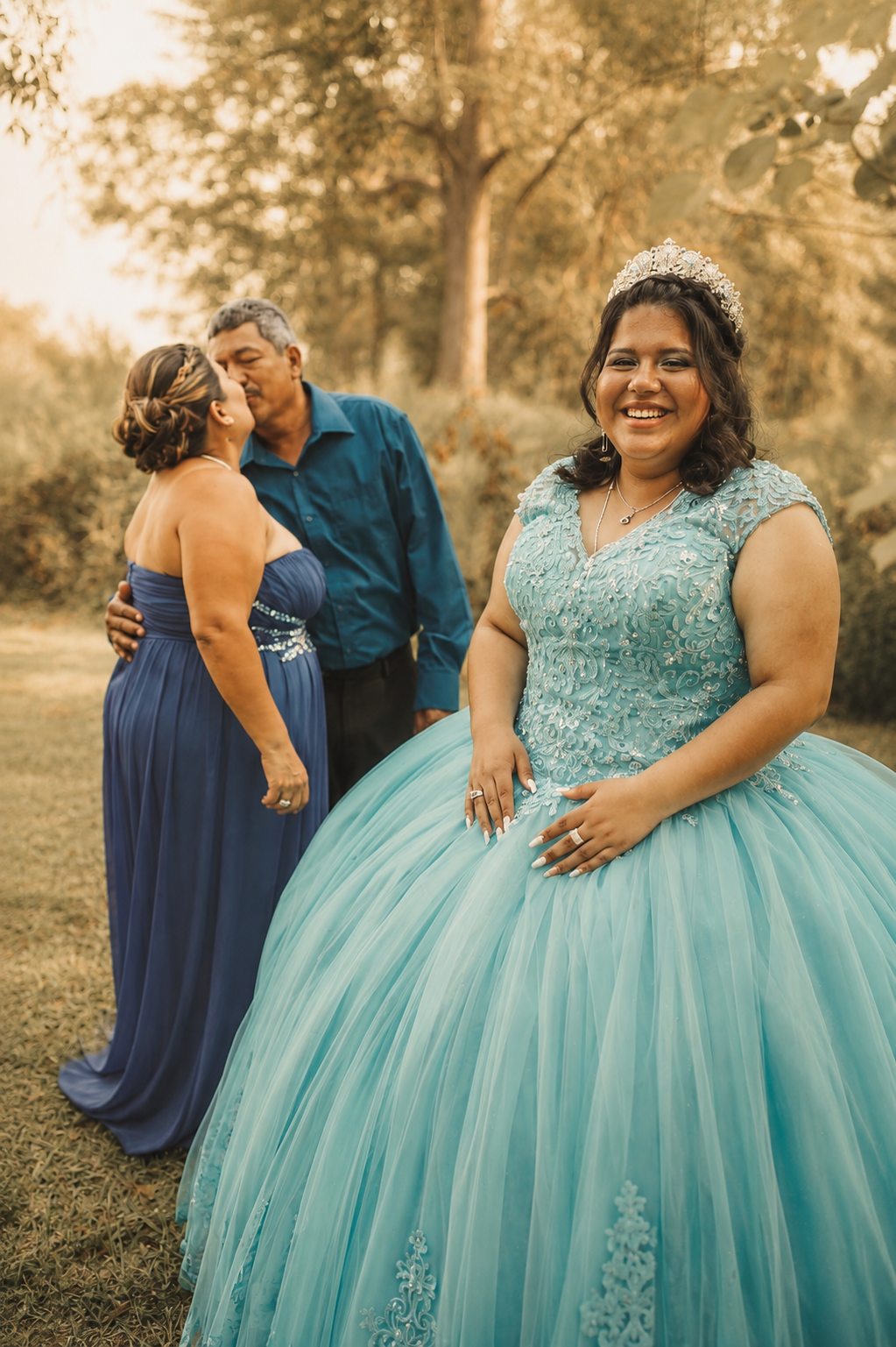 A woman in a light blue, lace and tulle ball gown smiling in the foreground, with a woman in a royal blue dress and a man in a blue shirt kissing in the background, outdoors with trees and warm lighting.
