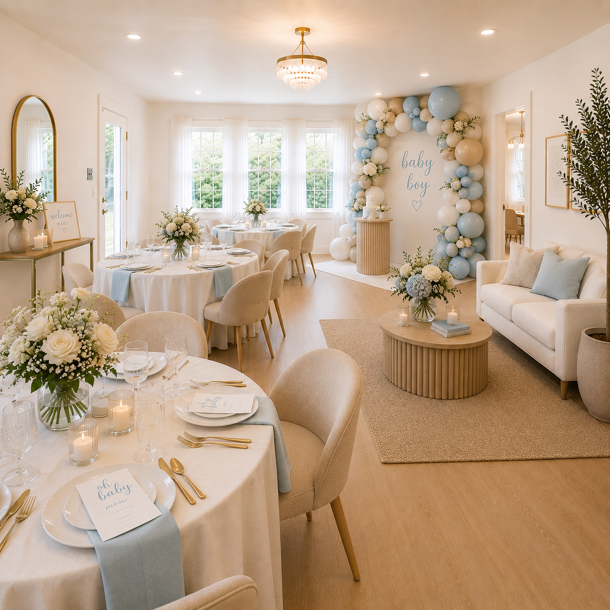 Elegant baby shower room decorated with blue and white balloons, flowers, and a sofa, set for a celebration with multiple round tables, floral centerpieces, candles, and table settings.