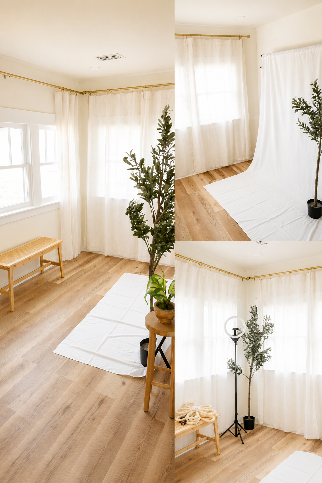 Studio C – The Light Studio, a bright natural light photography studio in Silverhill, Alabama, with large windows, white backdrop and neutral styling.