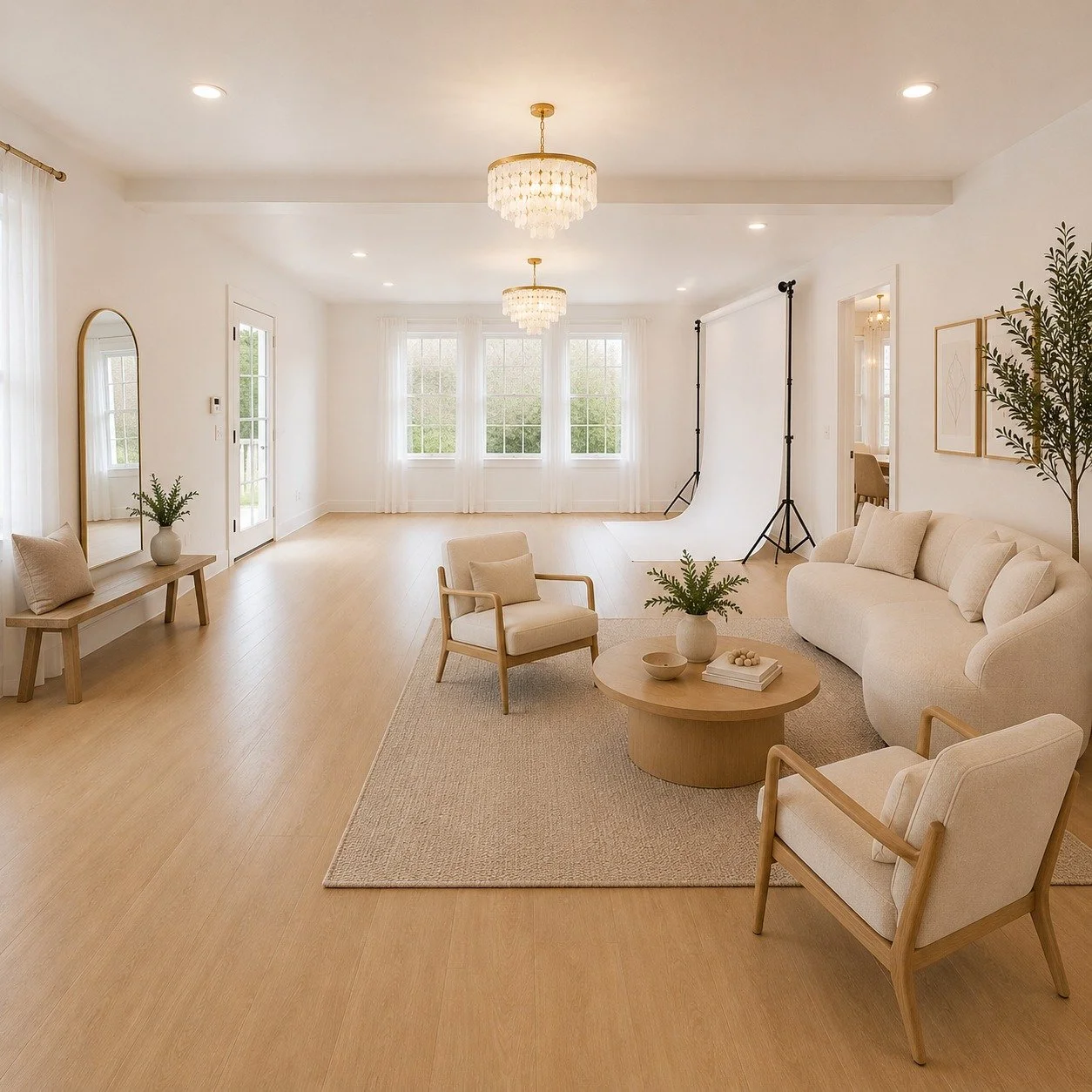 Bright living room with white walls, three large windows, and hardwood floors. Features a cream-colored sofa, armchairs, a round coffee table, and a bench with a mirror above it. A photography backdrop with stands is set up near the windows.