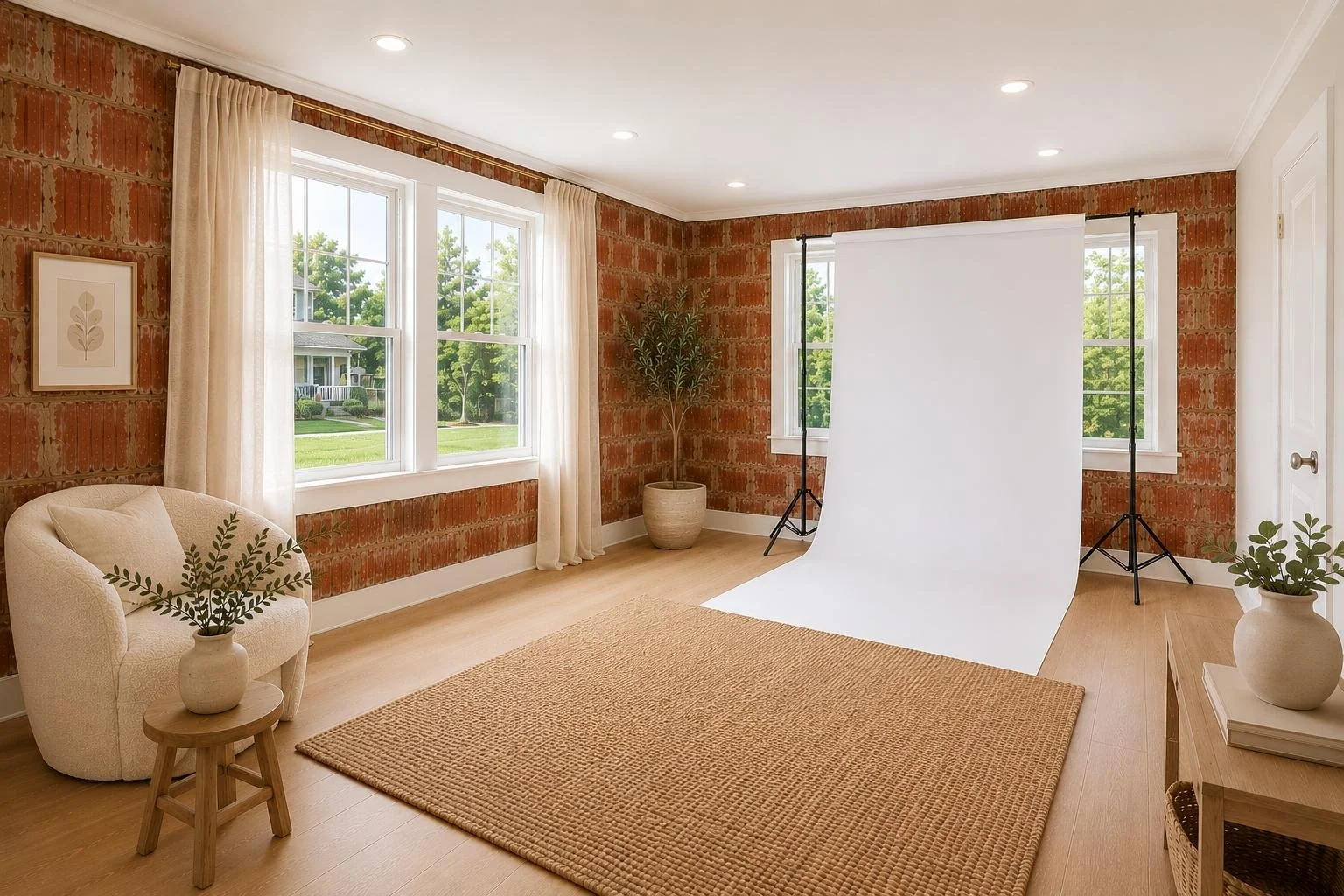 Empty photography studio with brick walls, large windows, a white backdrop on tripods, and minimalist furniture including a textured rug, potted plants, and a small side table.