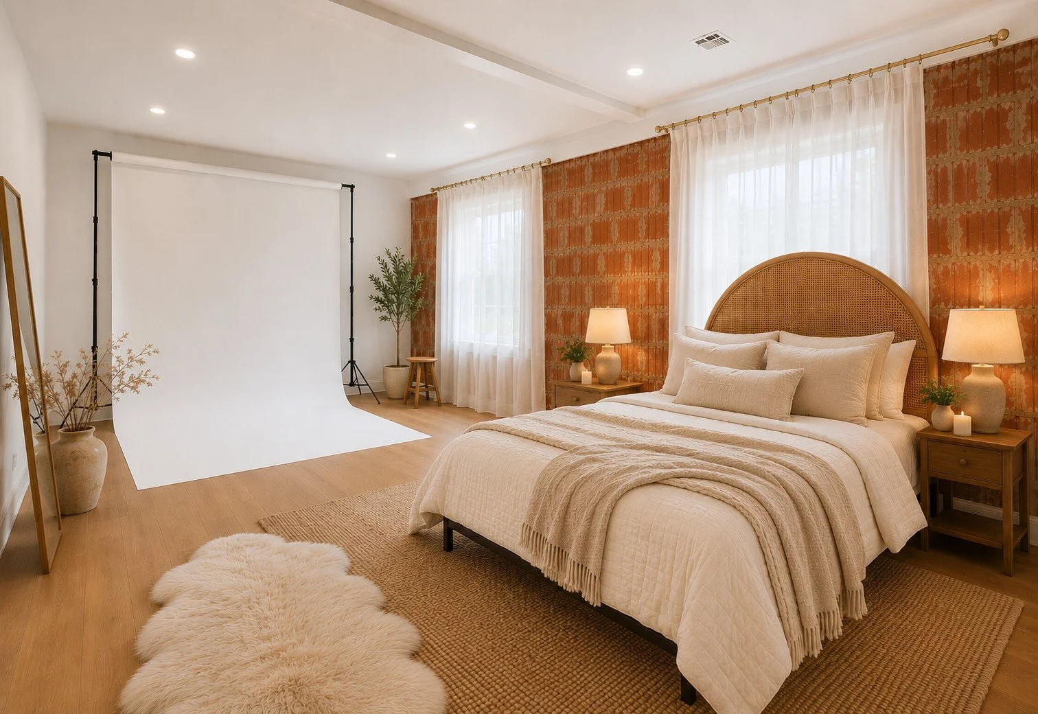 A cozy bedroom with a king-sized bed, beige bedding, and multiple pillows. Two wooden nightstands with lamps and plants flank the bed. Large windows with sheer curtains, an exposed brick wall behind the bed, and a white photography backdrop setup in the corner of the room.