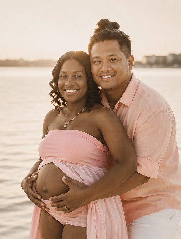 A pregnant woman and a man are standing together by a body of water during sunset, smiling and embracing. The woman is wearing a pink strapless dress that reveals her pregnant belly, and the man is wearing a light pink shirt.