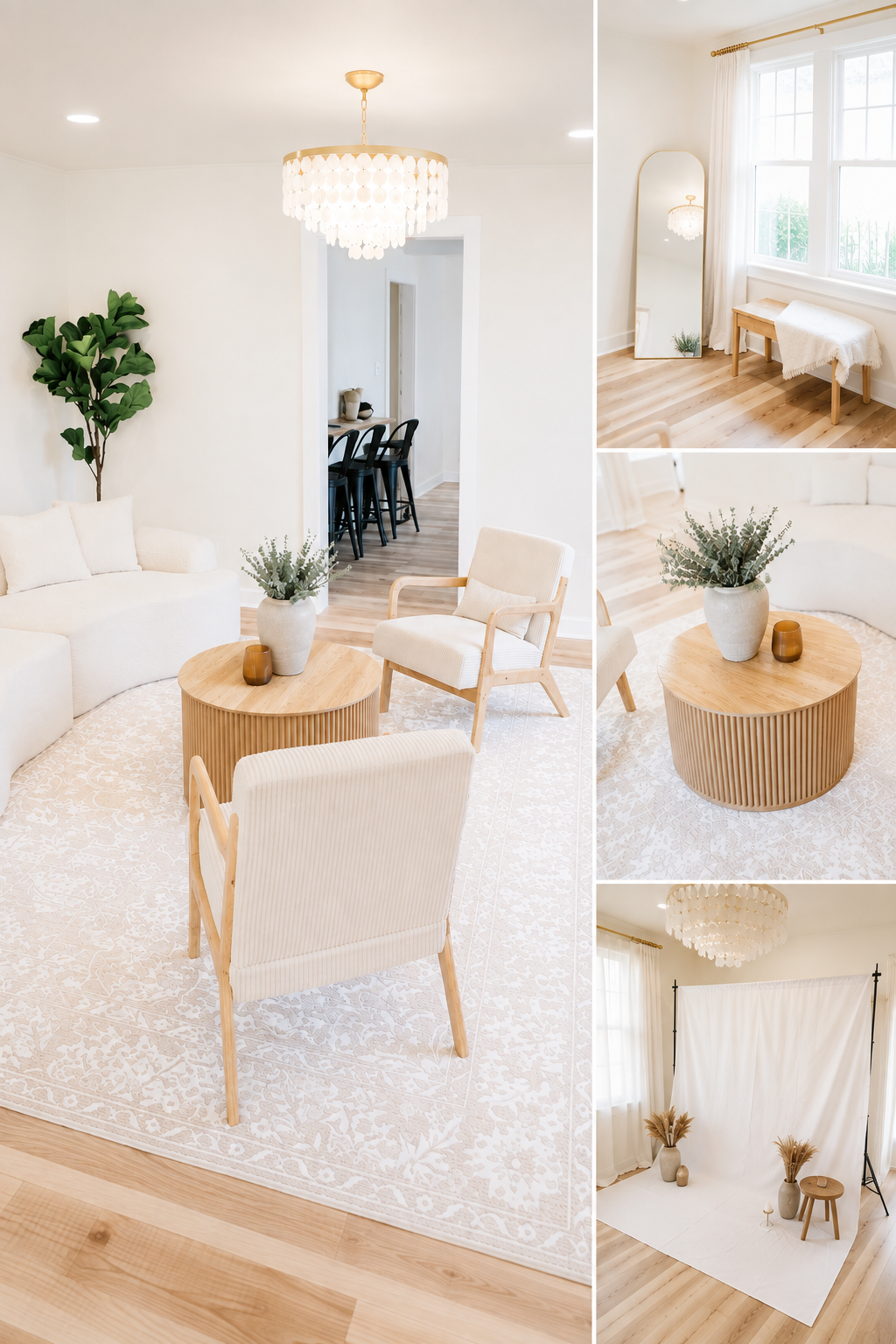 Studio A – The Gathering Place, a bright natural light photography studio and intimate event space at The Collective House in Silverhill, Alabama, featuring a white sofa, neutral furniture, large windows, white photography backdrop and warm lifestyle