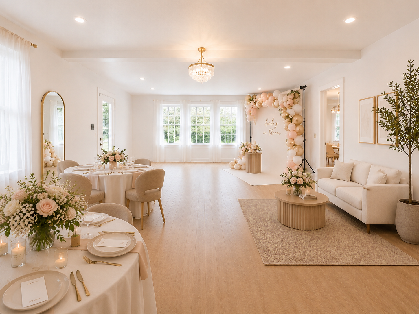 Elegant baby announcement event space decorated with pink and white balloons, floral arrangements, and a "baby in bloom" sign, featuring round tables with white tablecloths and beige chairs.