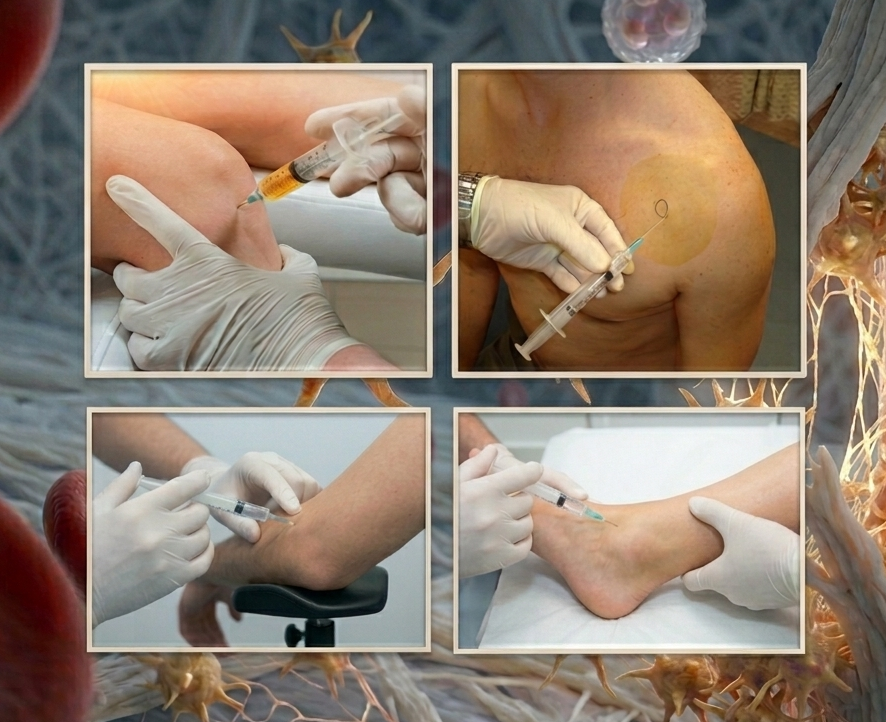 Collection of four images showing different stages of medical injections, including injections into the shoulder, upper back, arm, and ankle, with healthcare professionals wearing gloves.