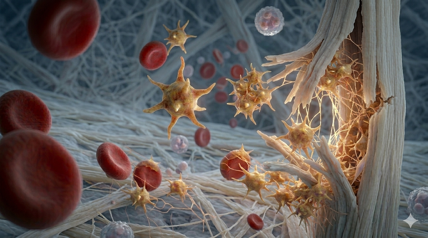 A detailed illustration of nerve cells and blood cells, showing nerve fibers, neurons, and blood cells in a neural network.