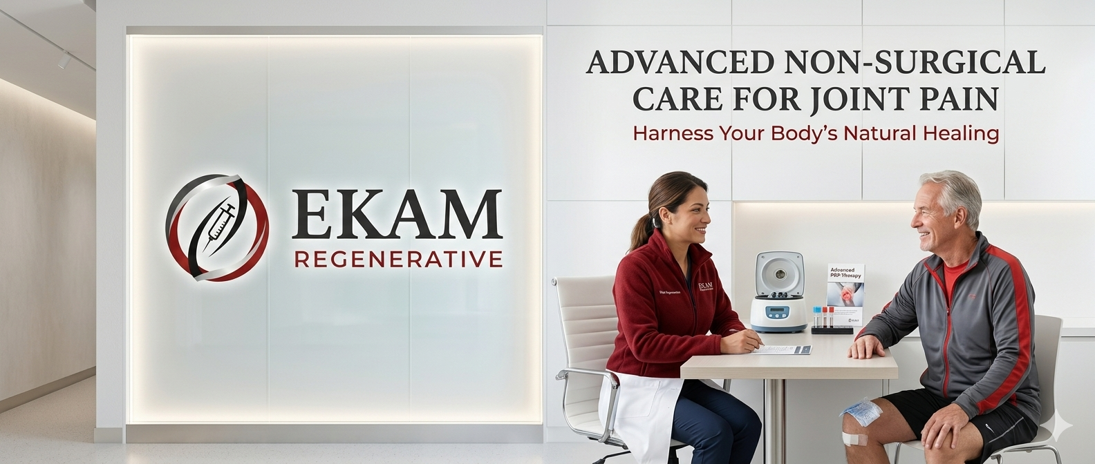 A medical consultation room with a male patient and a female healthcare provider sitting at a table, discussing joint pain treatment with advanced regenerative therapy equipment visible on the table. The background features a sign for EKAM Regenerative and text about non-surgical care for joint pain.