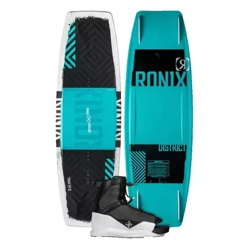 A wakeboard with a matching wakeboard binding in black and white, and a turquoise and black wakeboard with the brand name 'Ronix' on it, set against a white background.