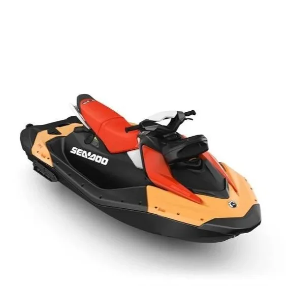 A red, black, and orange Sea-Doo jet ski with a seating area and handlebars, designed for water recreation.