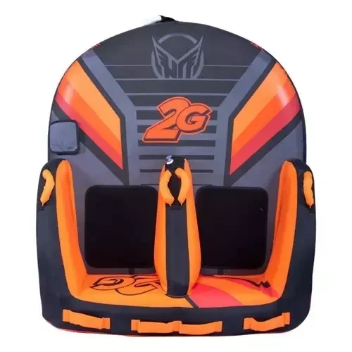 A backpack designed to look like a Transformers-inspired vehicle with orange and black colors, featuring two black seats and a central steering area.