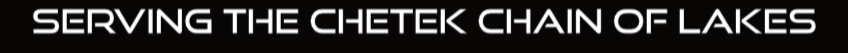 Text displaying 'Serving the Chetek Chain of Lakes' against a black background.