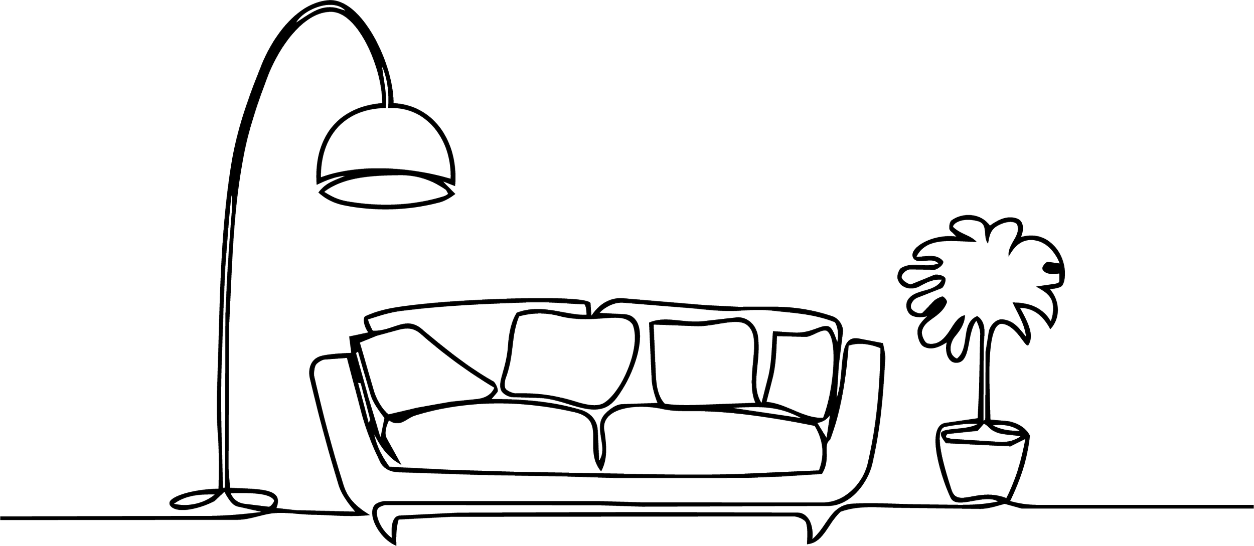 Illustrated Line Drawing of a couch, Light and Plant