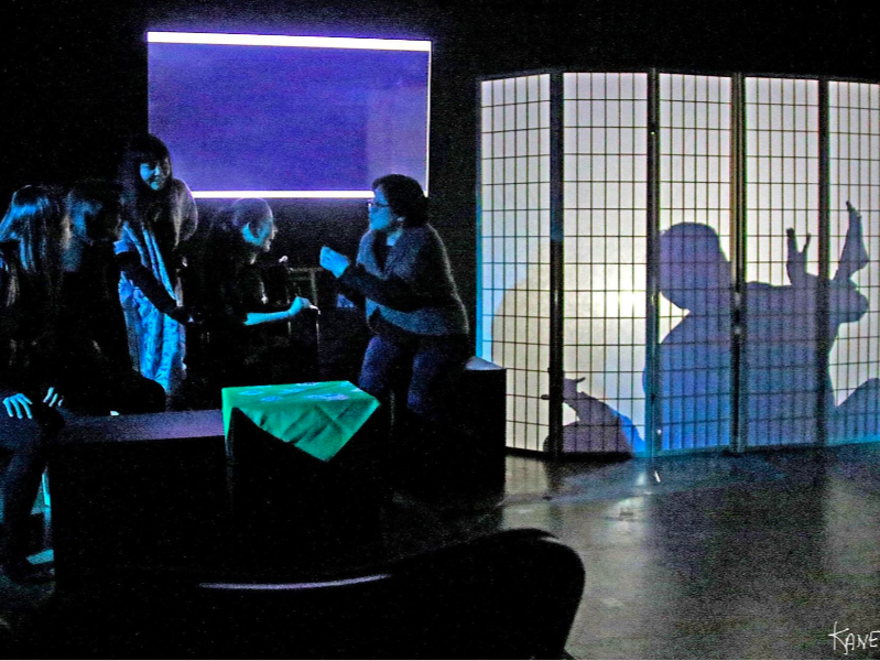 Group of people wearing face masks in a dark room with a neon-lit screen, a table with a green cloth, and a privacy screen with a person’s silhouette projected onto it.
