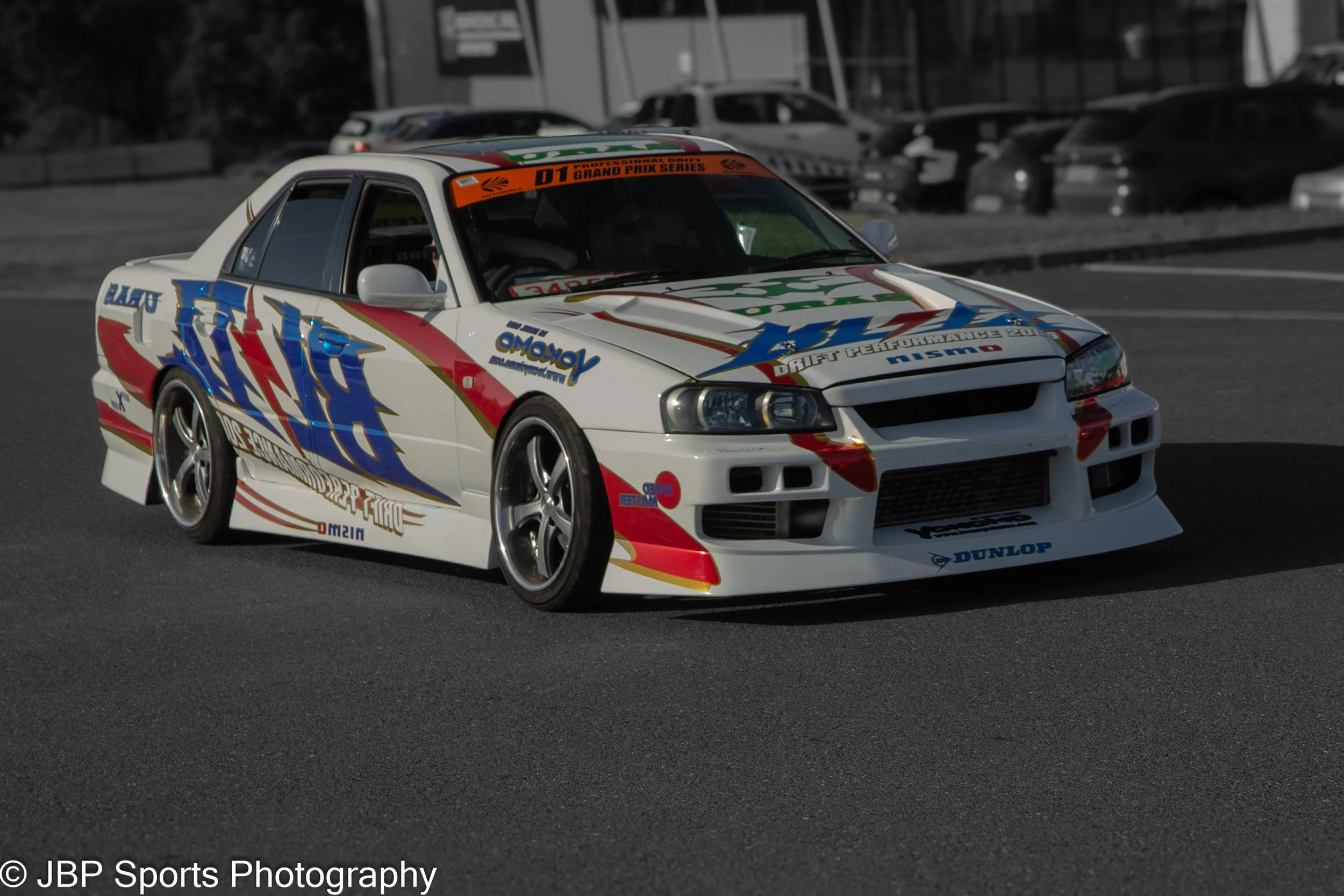 A Blitz liveried R34 Skyline entering JDM Jam at Donington Park