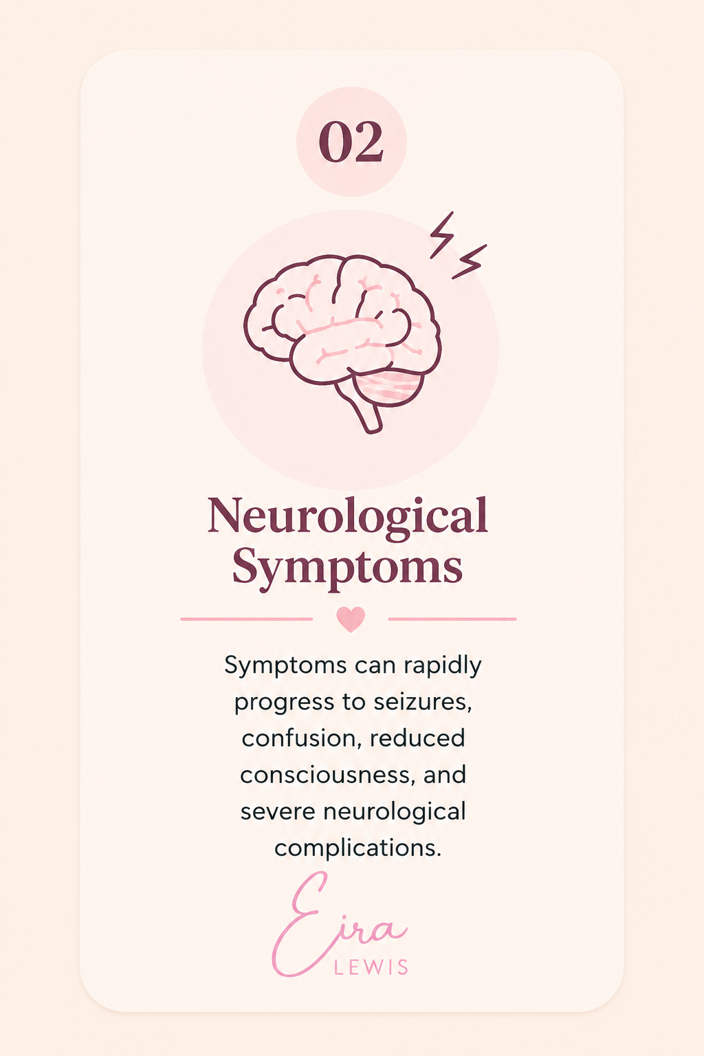 Pink informational card about neurological symptoms with an illustration of a brain and the number 02.