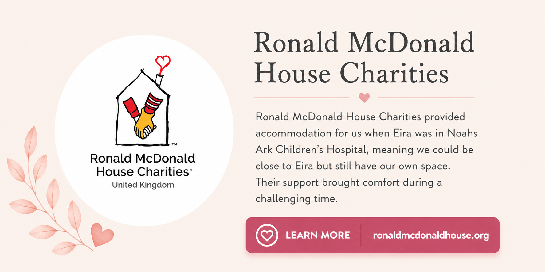 A donation page supporting Ronald McDonald House Charities featuring the charity's logo with a house and a red heart, alongside a description of charitable work, and a pink "Learn More" button with the website url ronaldmcdonaldhouse.org.