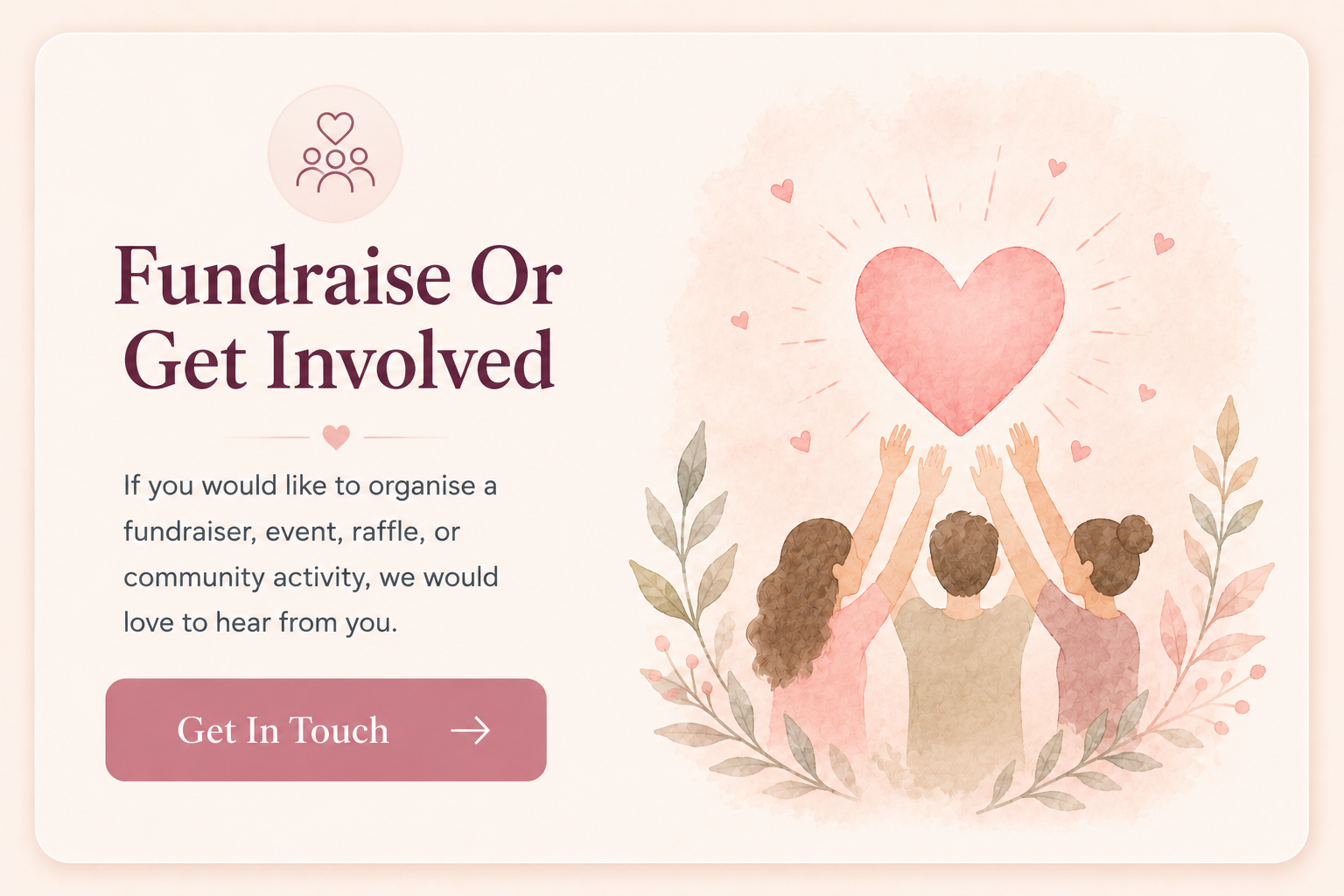 Illustration of three people reaching for a large heart surrounded by small hearts and leaves, representing community and support.