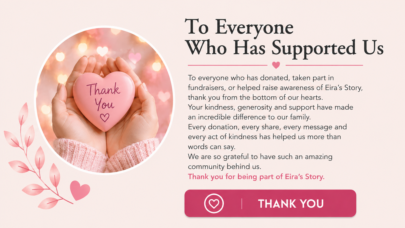 Thank you message with a photo of hands holding a pink heart-shaped object with 'Thank You' written on it, surrounded by a blurred background with pink heart-shaped lights, and a decorative pink leaf graphic.