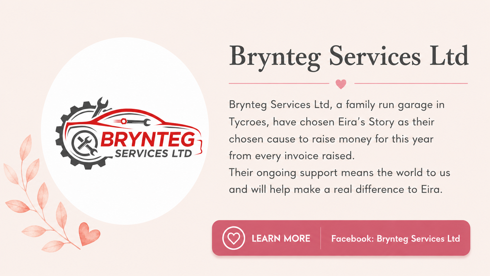 Business informational flyer with Brynteg Services Ltd logo, a schematic of a car with mechanical tools, pink decorative leaves and heart, and a call to action to learn more via Facebook.