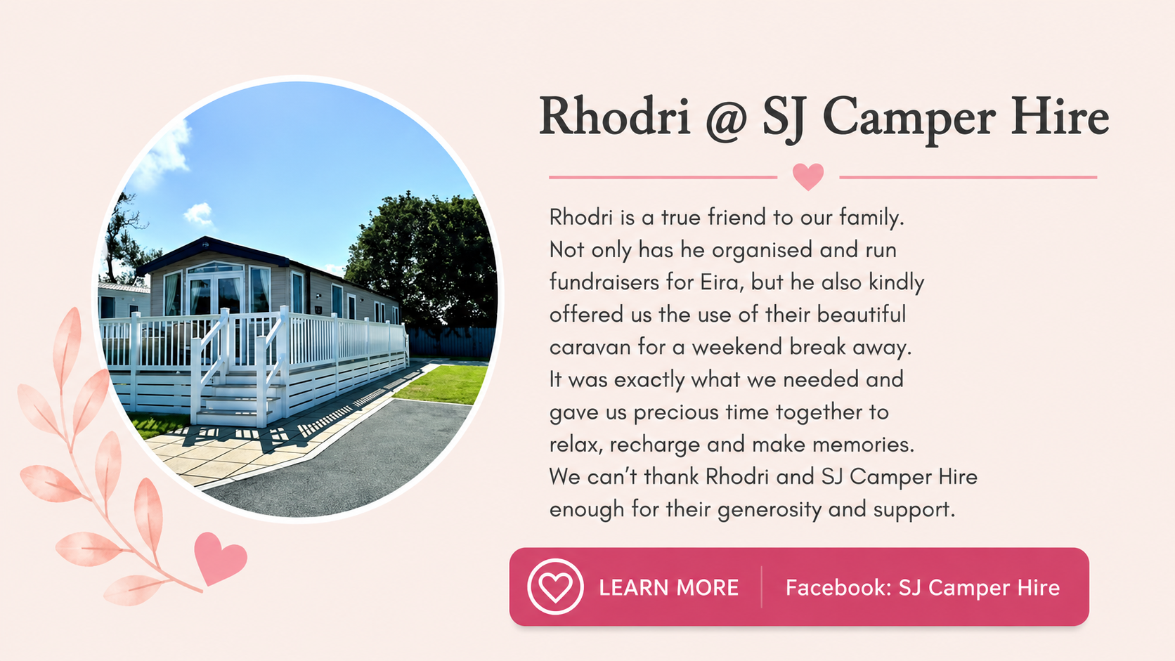 A digital testimonial for Rhodri at SJ Camper Hire, featuring a photo of a modern caravan with a white railing, a patio, a lawn, and a large tree under a partly cloudy blue sky.