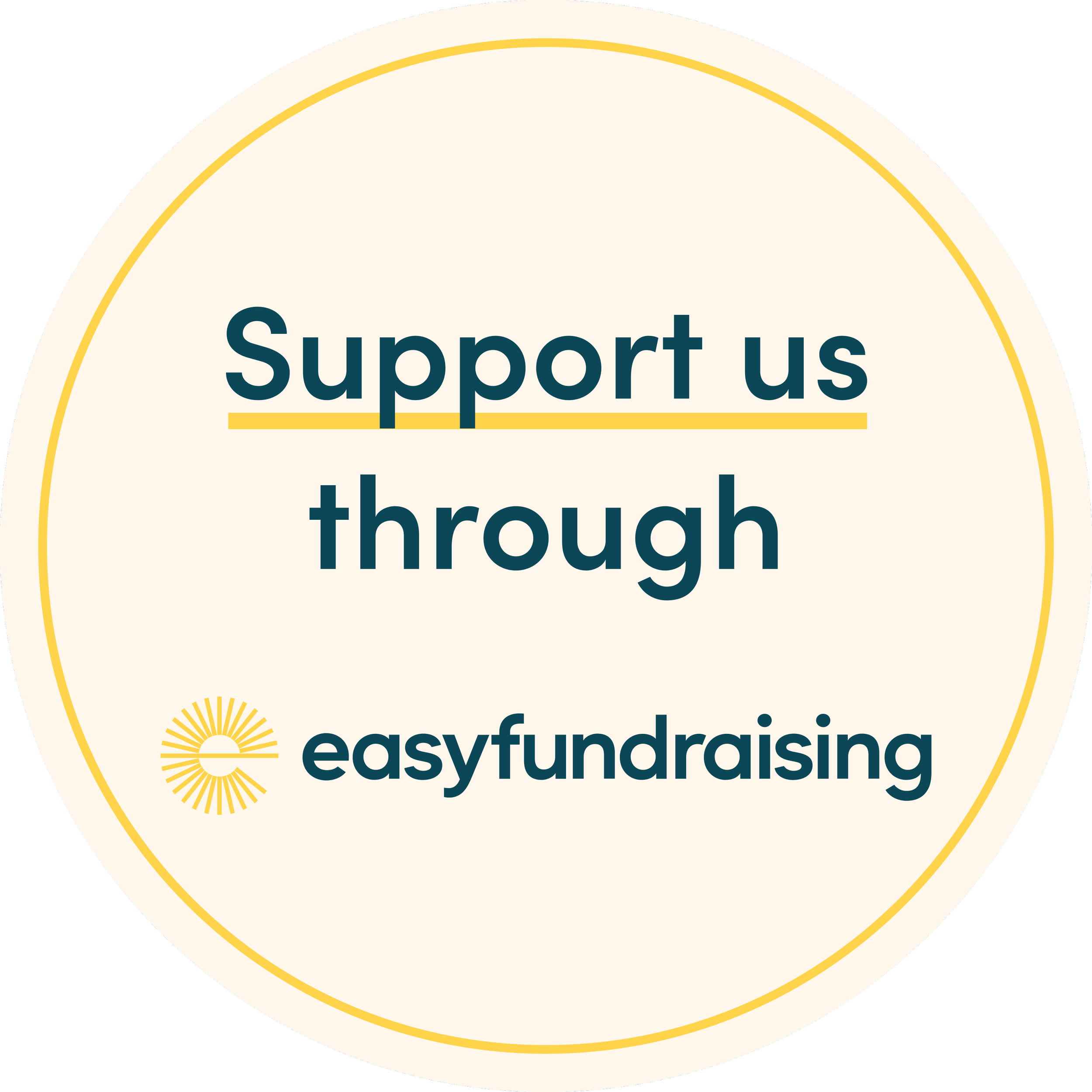 Close-up of a circular badge or sticker supporting Easyfundraising, with a light cream background, yellow accents, and the text 'Support us through easyfundraising' in dark blue, featuring a small yellow sunburst icon.