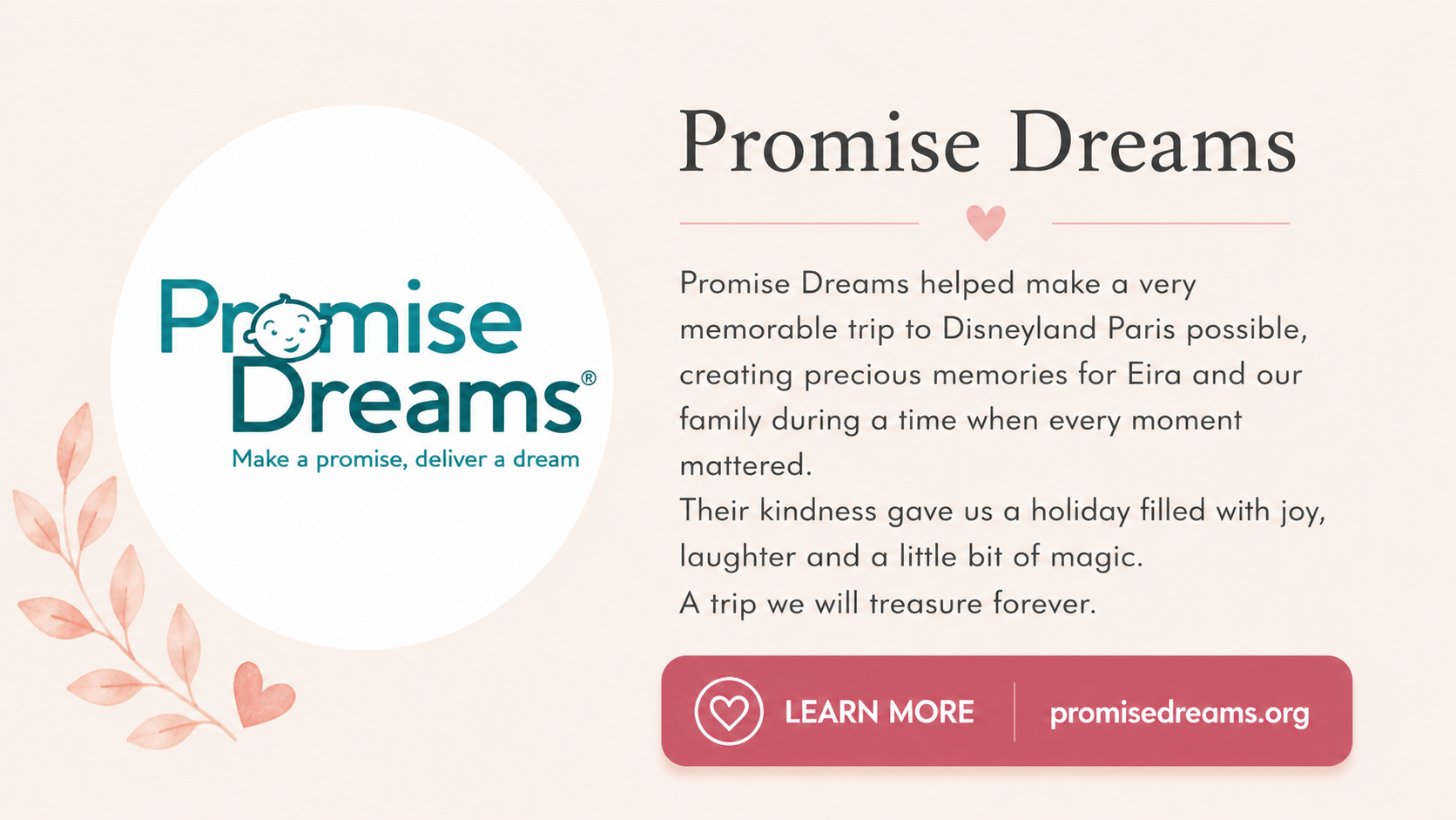 Promise Dreams logo with a smiling child's face, the text 'Make a promise, deliver a dream,' and a message about the charity's work helping families create memories during trips to Disneyland Paris, with a 'Learn More' button and website link.