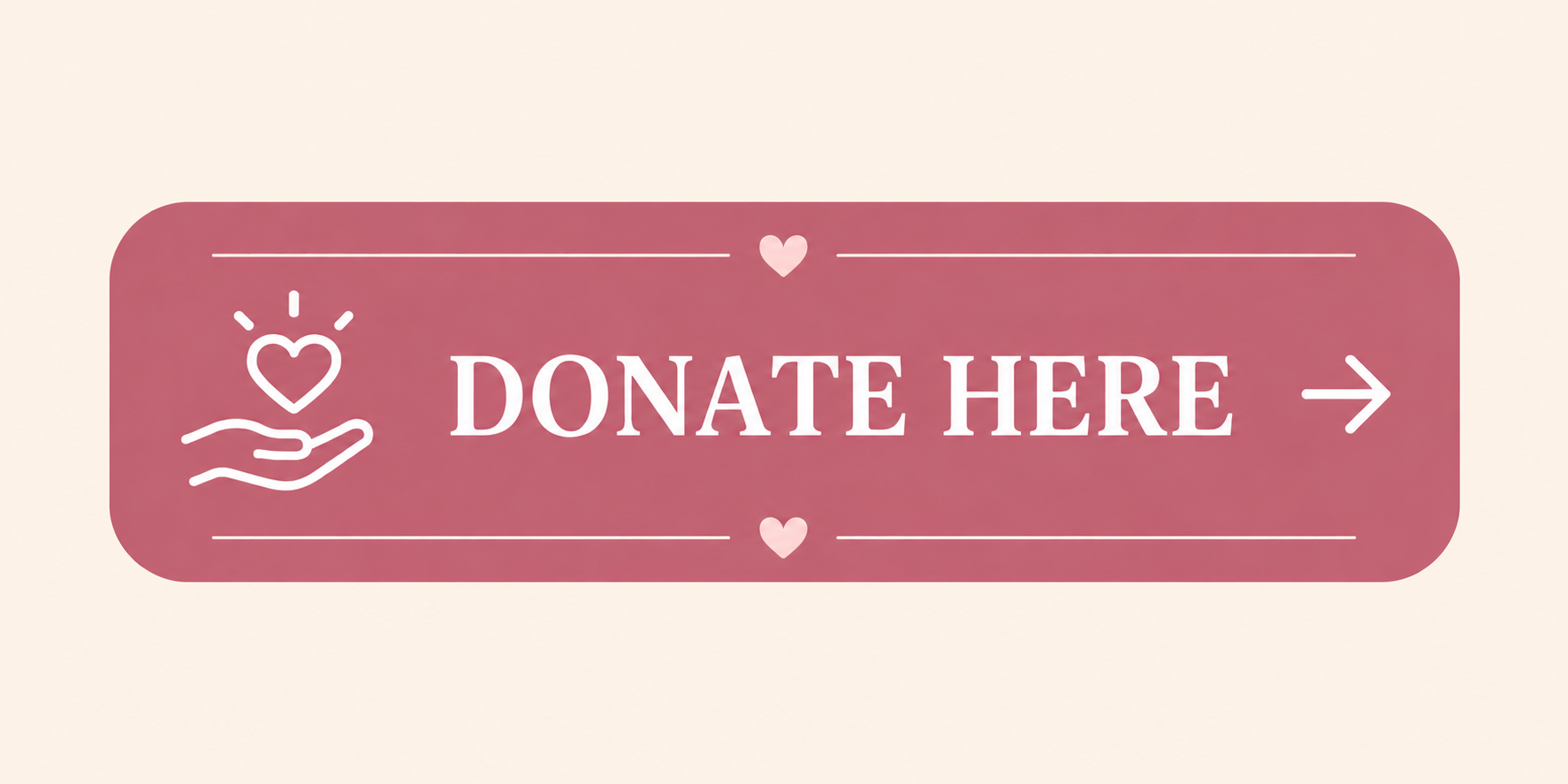 Pink donation button with text "Donate Here" and an icon of a hand holding a heart.
